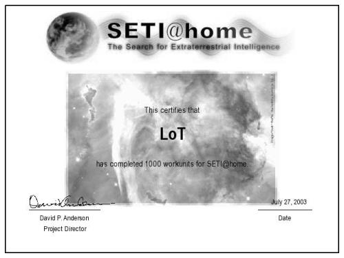 SETI: Milestone 1.000 WUs vom 27.07.2003 SETI: Milestone 1.000 WUs
