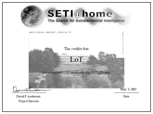 SETI: Milestone 250 WUs vom 04.05.2002 SETI: Milestone 250 WUs