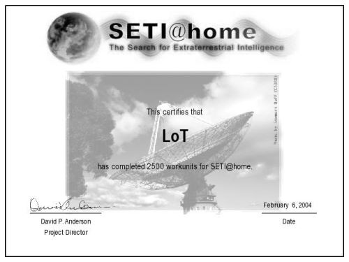 SETI: Milestone 2.500 WUs vom 06.02.2004 SETI: Milestone 2.500 WUs
