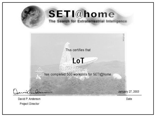 SETI: Milestone 500 WUs vom 27.01.2003 SETI: Milestone 500 WUs